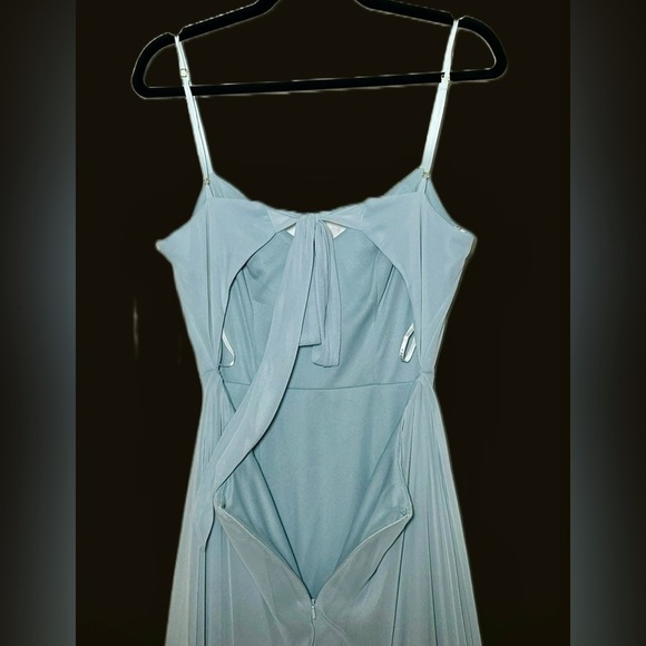 NWT Dessy Collection Tie-Back Cutout Maxi Dress, Front Leg Slit in Mist, Size 4R - Picture 13 of 16